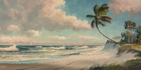 Highwaymen painting of beachfront and ocean